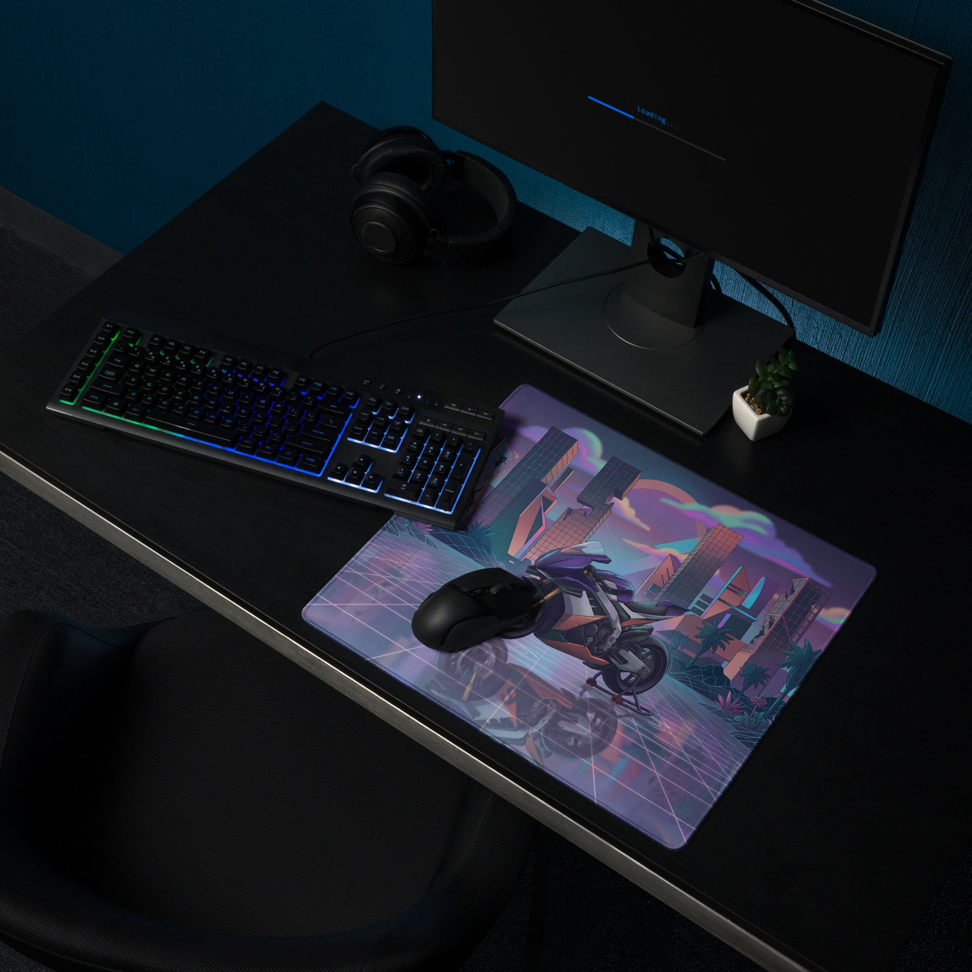 Aprilia RSV4 Xtrenta Inspired Purple Silver Vaporwave Gaming Mouse Pad – Neon Futuristic City Desk Mat, Retro Cyber Superbike Digital Artwork