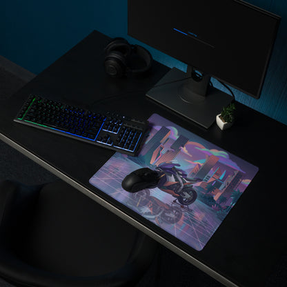 Aprilia RSV4 Xtrenta Inspired Purple Silver Vaporwave Gaming Mouse Pad – Neon Futuristic City Desk Mat, Retro Cyber Superbike Digital Artwork