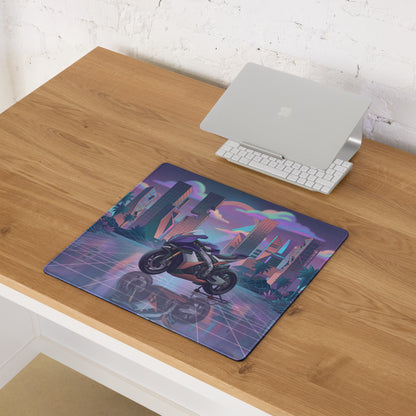 Aprilia RSV4 Xtrenta Inspired Purple Silver Vaporwave Gaming Mouse Pad – Neon Futuristic City Desk Mat, Retro Cyber Superbike Digital Artwork