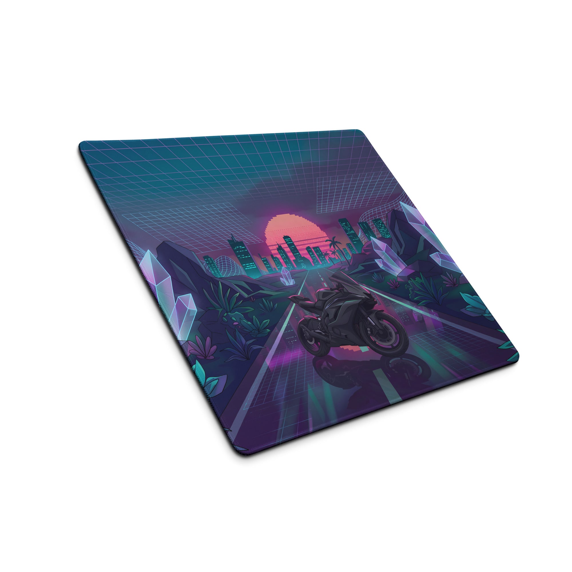 Yamaha R6 Inspired Black Teal Vaporwave Gaming Mouse Pad – Neon Crystal City Desk Mat, Retro Futuristic Synthwave Motorcycle Digital Art