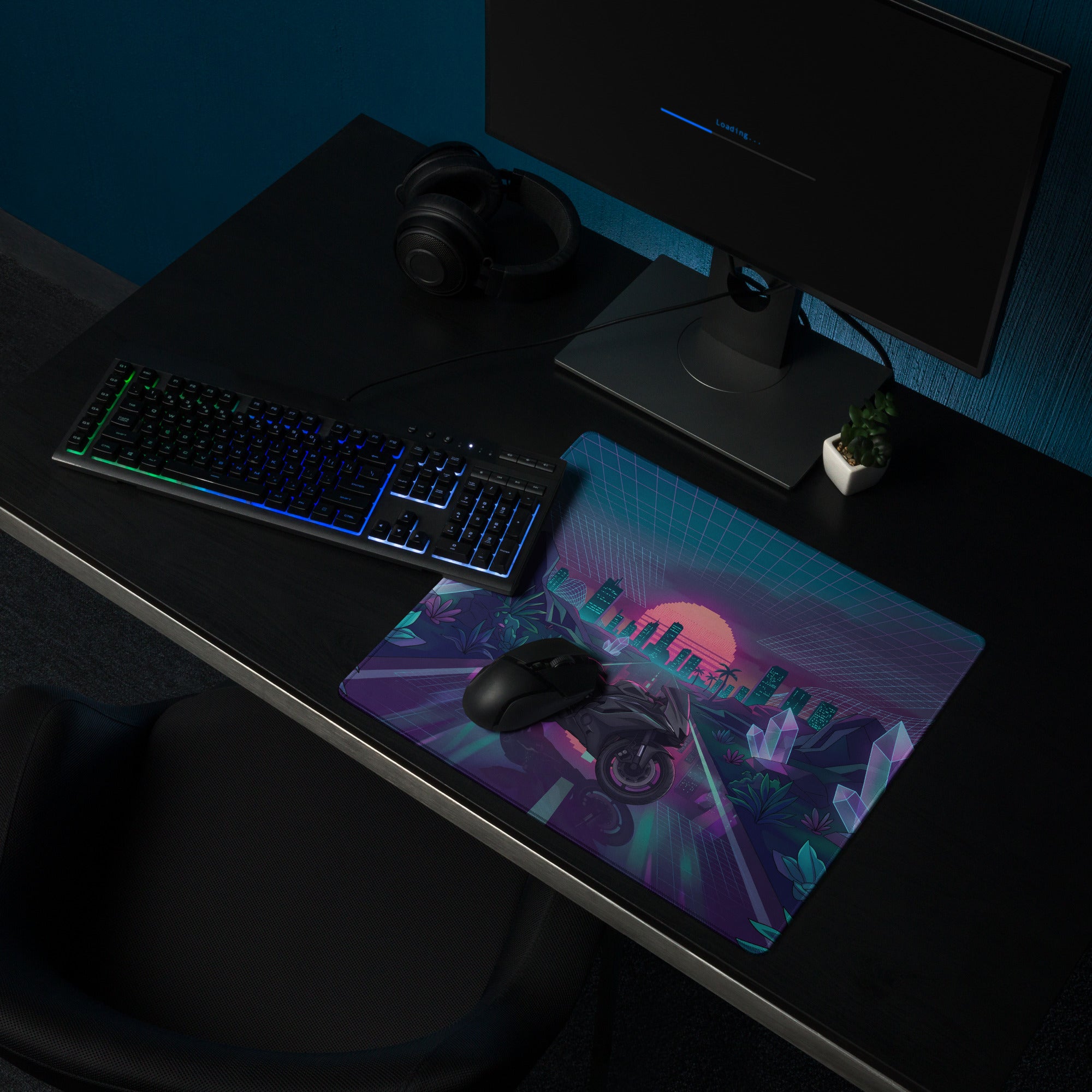 Yamaha R6 Inspired Black Teal Vaporwave Gaming Mouse Pad – Neon Crystal City Desk Mat, Retro Futuristic Synthwave Motorcycle Digital Art