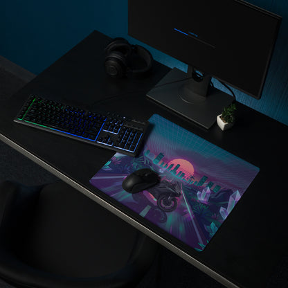 Yamaha R6 Inspired Black Teal Vaporwave Gaming Mouse Pad – Neon Crystal City Desk Mat, Retro Futuristic Synthwave Motorcycle Digital Art