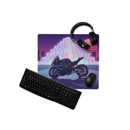 BMW M1000RR Inspired Black Red Vaporwave Gaming Mouse Pad – Neon Purple City Grid Desk Mat, Retro Futuristic Synthwave Sportbike Digital Art