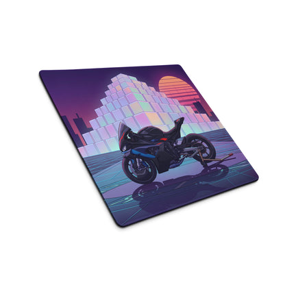 BMW M1000RR Inspired Black Red Vaporwave Gaming Mouse Pad – Neon Purple City Grid Desk Mat, Retro Futuristic Synthwave Sportbike Digital Art