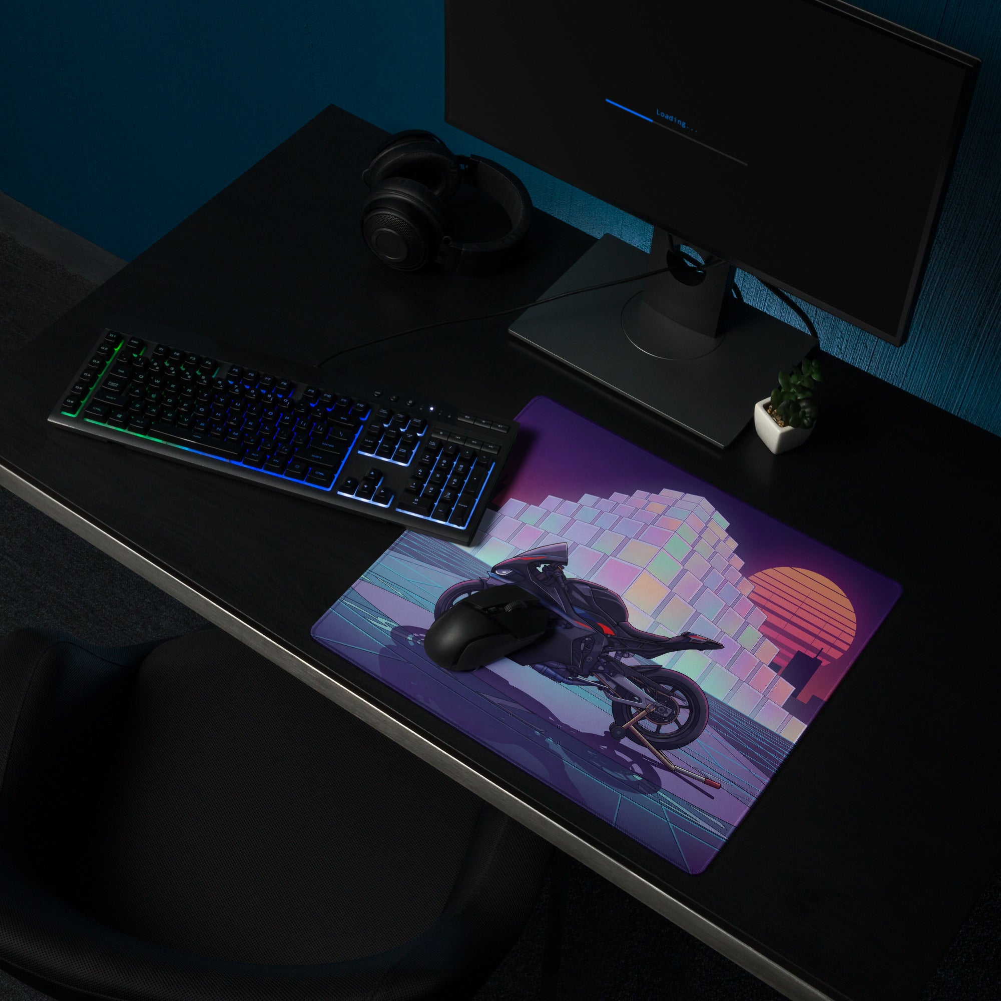 BMW M1000RR Inspired Black Red Vaporwave Gaming Mouse Pad – Neon Purple City Grid Desk Mat, Retro Futuristic Synthwave Sportbike Digital Art