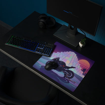 BMW M1000RR Inspired Black Red Vaporwave Gaming Mouse Pad – Neon Purple City Grid Desk Mat, Retro Futuristic Synthwave Sportbike Digital Art