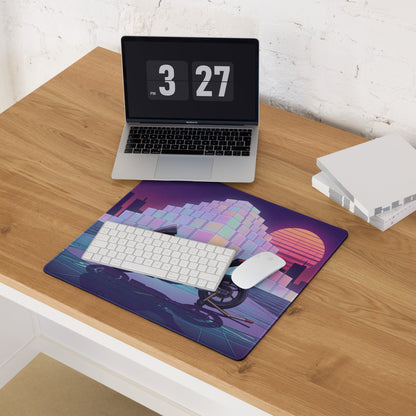 BMW M1000RR Inspired Black Red Vaporwave Gaming Mouse Pad – Neon Purple City Grid Desk Mat, Retro Futuristic Synthwave Sportbike Digital Art