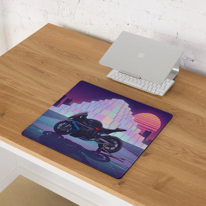 BMW M1000RR Inspired Black Red Vaporwave Gaming Mouse Pad – Neon Purple City Grid Desk Mat, Retro Futuristic Synthwave Sportbike Digital Art