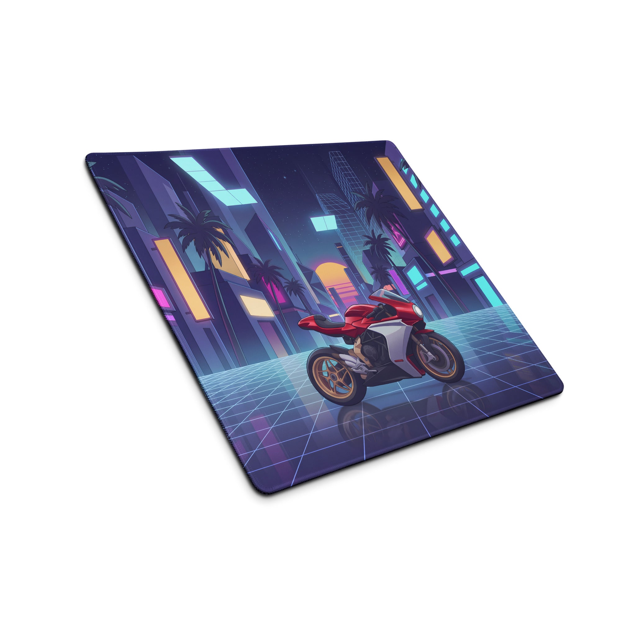 MV Agusta Superveloce 800 Inspired Red Silver Vaporwave Gaming Mouse Pad – Neon Palm City Desk Mat, Retro Futuristic Synthwave Motorcycle Art
