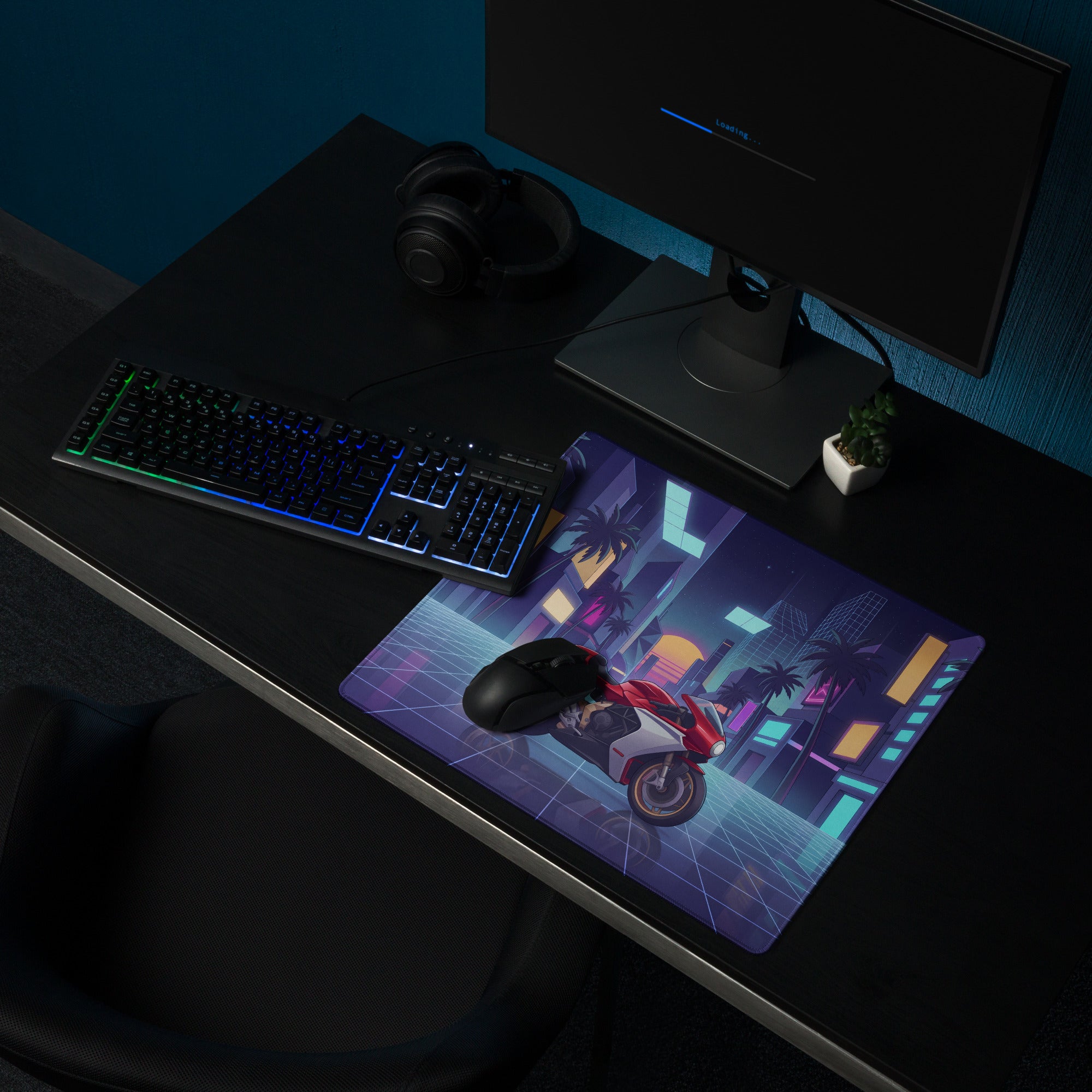 MV Agusta Superveloce 800 Inspired Red Silver Vaporwave Gaming Mouse Pad – Neon Palm City Desk Mat, Retro Futuristic Synthwave Motorcycle Art