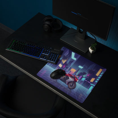 MV Agusta Superveloce 800 Inspired Red Silver Vaporwave Gaming Mouse Pad – Neon Palm City Desk Mat, Retro Futuristic Synthwave Motorcycle Art