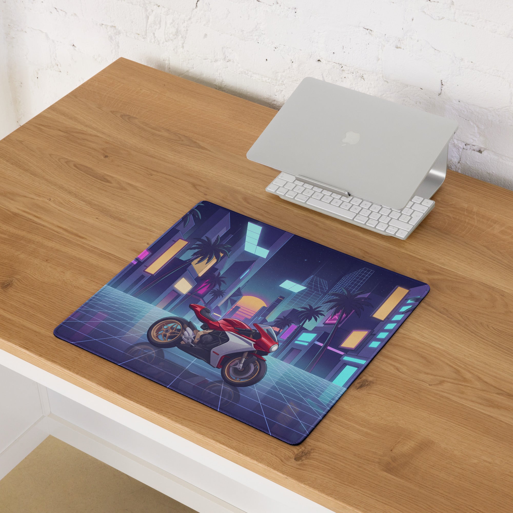 MV Agusta Superveloce 800 Inspired Red Silver Vaporwave Gaming Mouse Pad – Neon Palm City Desk Mat, Retro Futuristic Synthwave Motorcycle Art