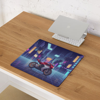 MV Agusta Superveloce 800 Inspired Red Silver Vaporwave Gaming Mouse Pad – Neon Palm City Desk Mat, Retro Futuristic Synthwave Motorcycle Art