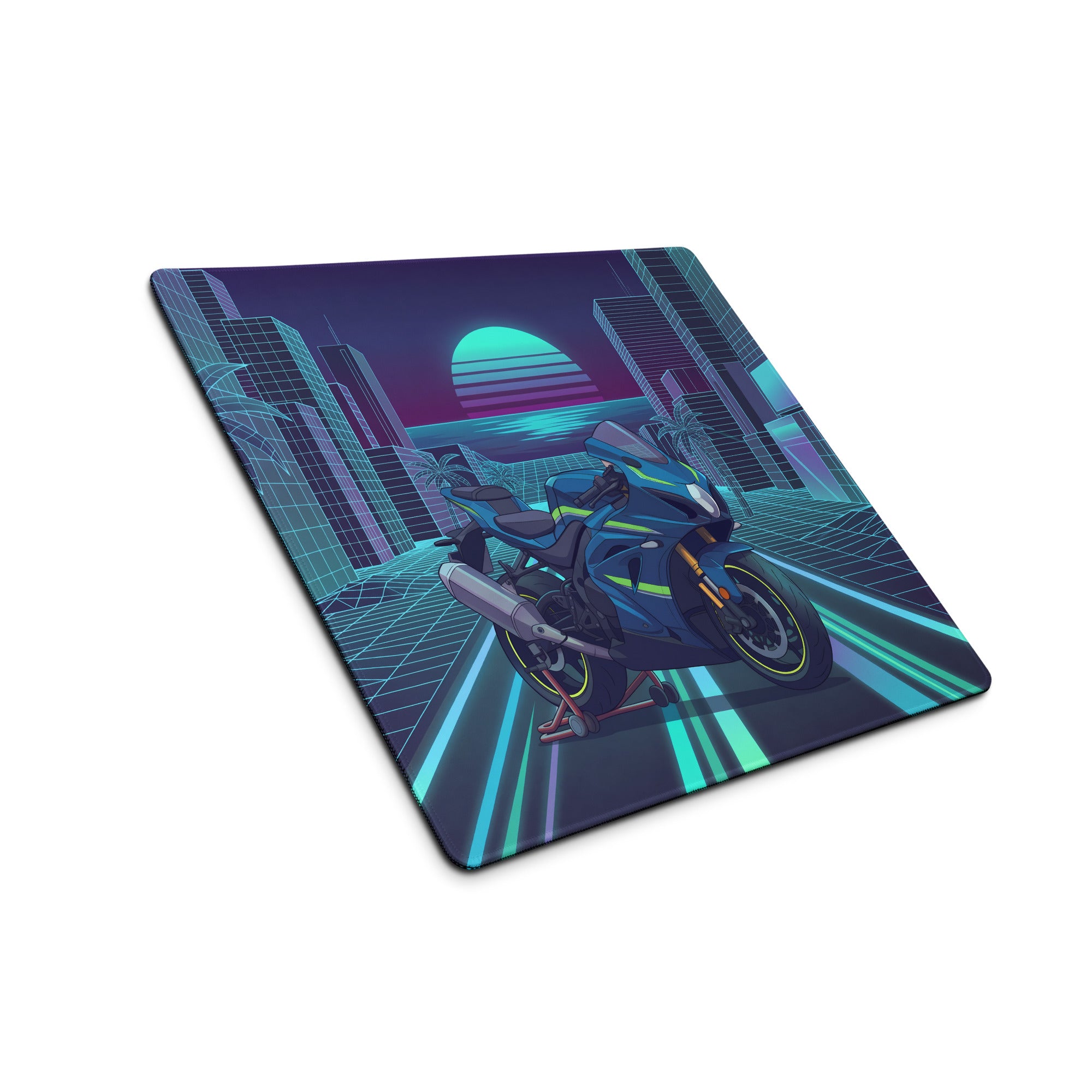 Suzuki GSX-R1000R Inspired Blue Lime Vaporwave Gaming Mouse Pad – Neon Cyber City Grid Desk Mat, Retro Futuristic Synthwave Sportbike Art