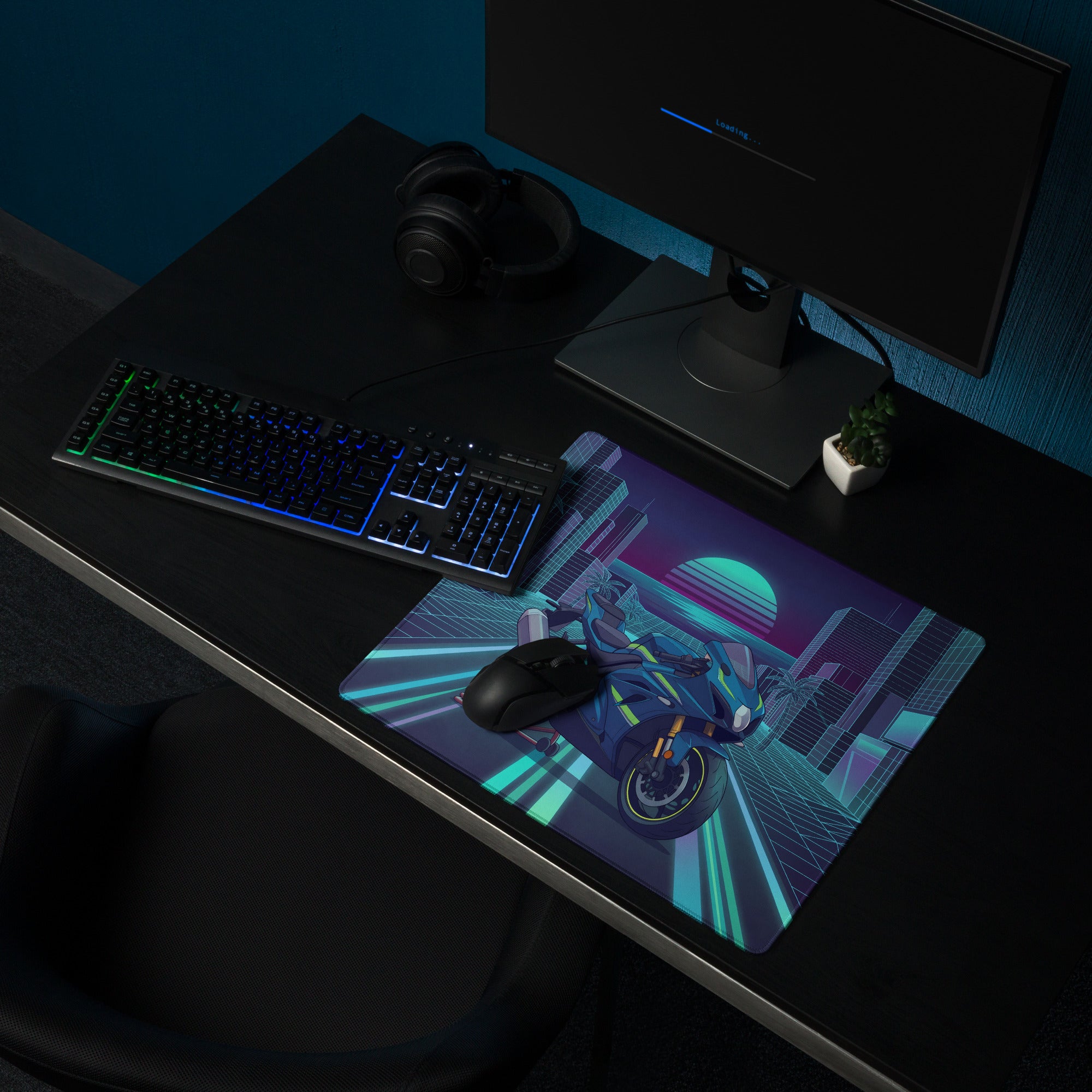 Suzuki GSX-R1000R Inspired Blue Lime Vaporwave Gaming Mouse Pad – Neon Cyber City Grid Desk Mat, Retro Futuristic Synthwave Sportbike Art
