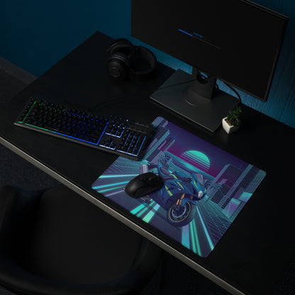 Suzuki GSX-R1000R Inspired Blue Lime Vaporwave Gaming Mouse Pad – Neon Cyber City Grid Desk Mat, Retro Futuristic Synthwave Sportbike Art