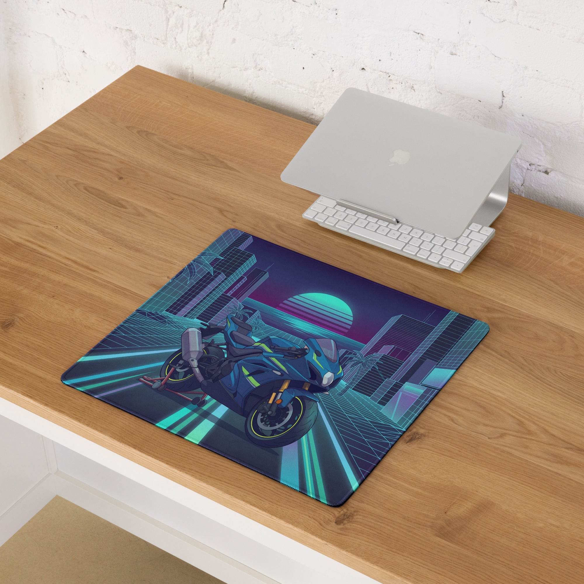 Suzuki GSX-R1000R Inspired Blue Lime Vaporwave Gaming Mouse Pad – Neon Cyber City Grid Desk Mat, Retro Futuristic Synthwave Sportbike Art