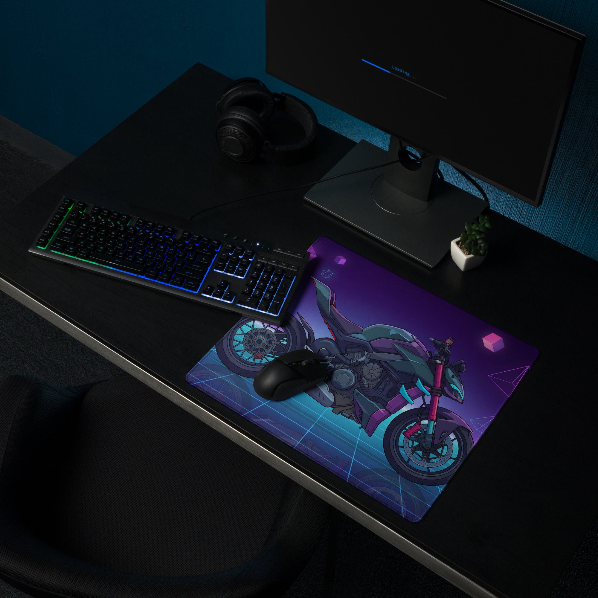 Ducati Streetfighter V4 Inspired Teal Purple Vaporwave Gaming Mouse Pad – Neon Palm Grid Desk Mat, Retro Futuristic Synthwave Naked Bike Art