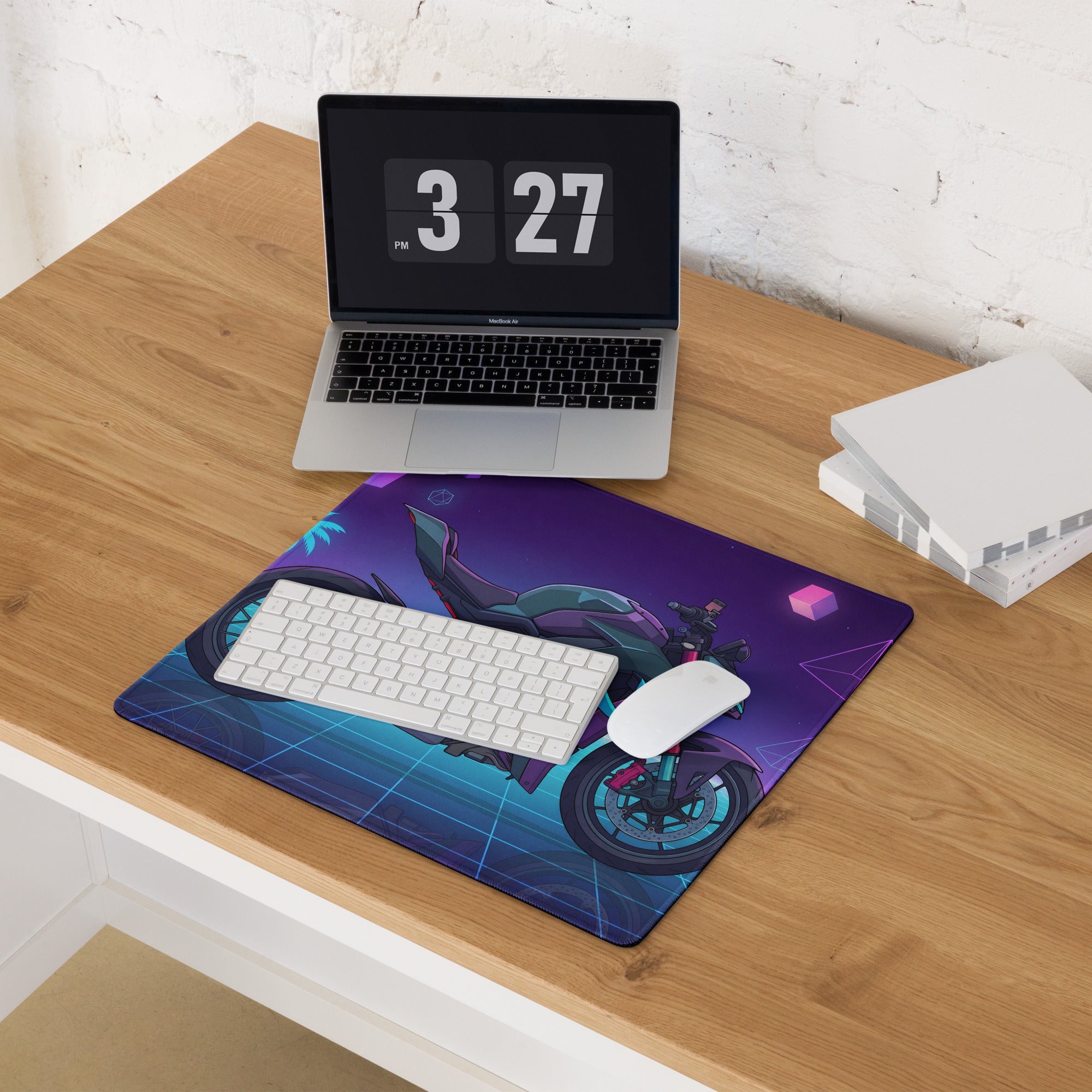 Ducati Streetfighter V4 Inspired Teal Purple Vaporwave Gaming Mouse Pad – Neon Palm Grid Desk Mat, Retro Futuristic Synthwave Naked Bike Art