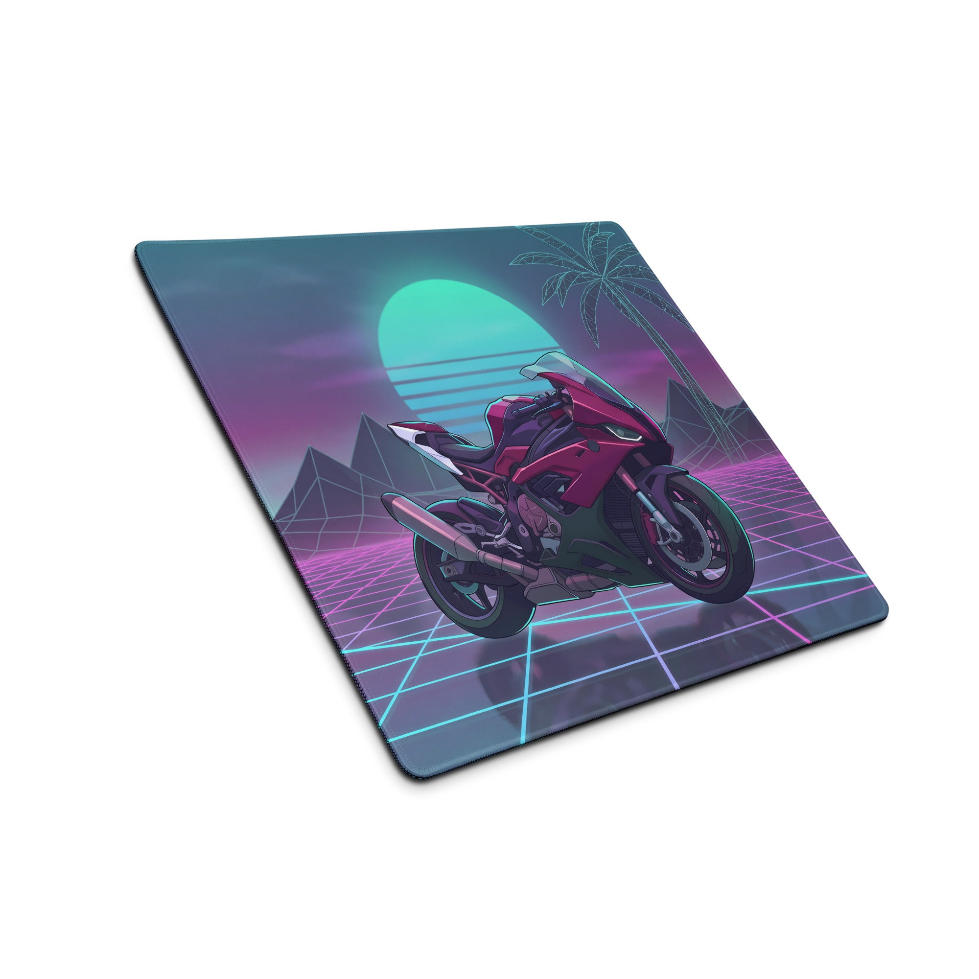 BMW S1000RR Inspired Magenta Black Vaporwave Gaming Mouse Pad – Neon Sunset Grid Desk Mat, Retro Futuristic Synthwave Sportbike Digital Art