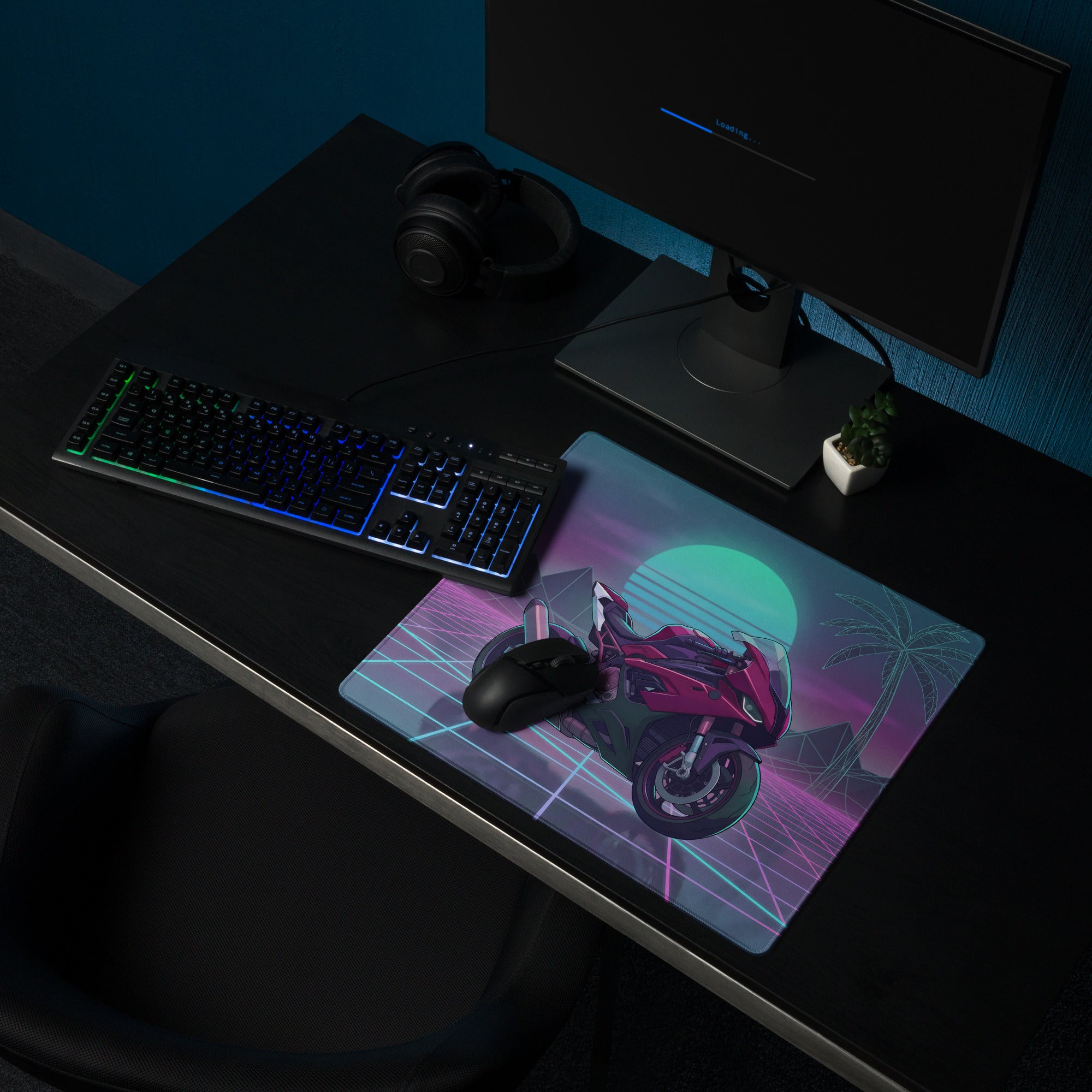 BMW S1000RR Inspired Magenta Black Vaporwave Gaming Mouse Pad – Neon Sunset Grid Desk Mat, Retro Futuristic Synthwave Sportbike Digital Art