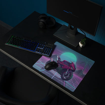 BMW S1000RR Inspired Magenta Black Vaporwave Gaming Mouse Pad – Neon Sunset Grid Desk Mat, Retro Futuristic Synthwave Sportbike Digital Art