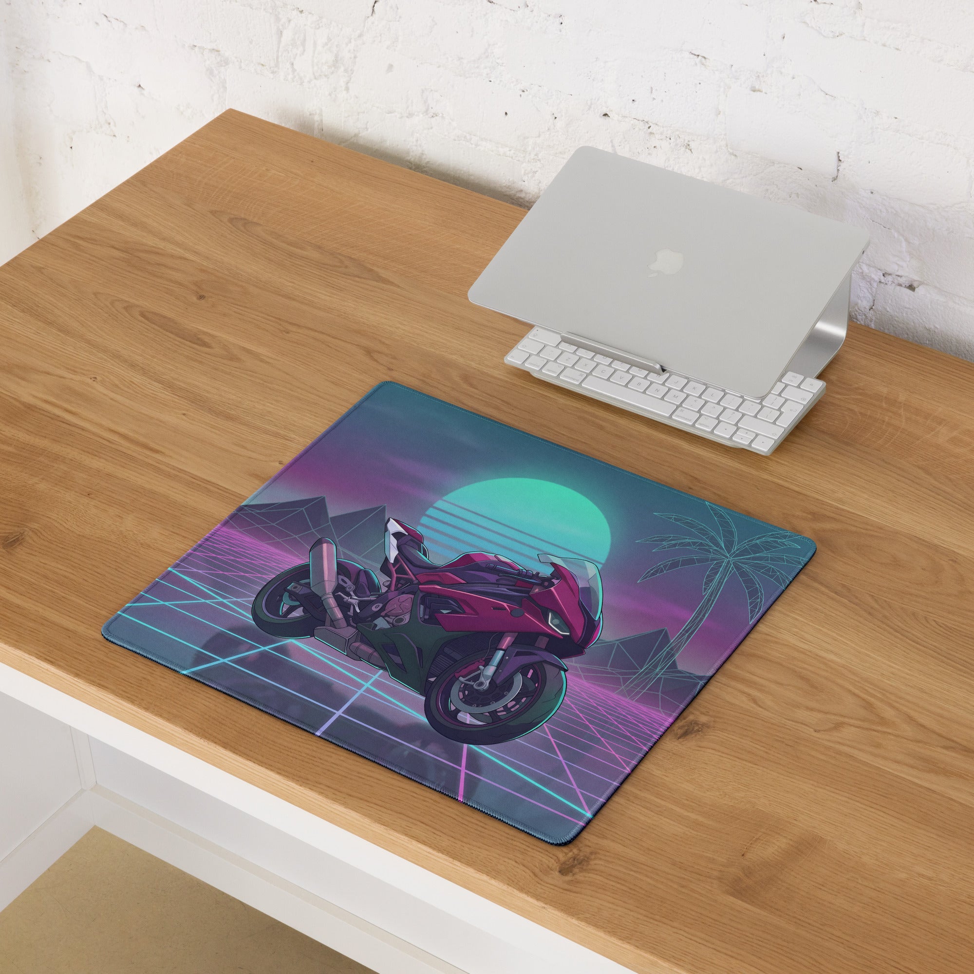 BMW S1000RR Inspired Magenta Black Vaporwave Gaming Mouse Pad – Neon Sunset Grid Desk Mat, Retro Futuristic Synthwave Sportbike Digital Art