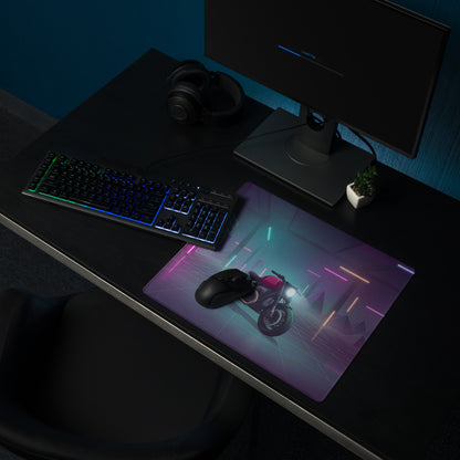 BMW R nineT Inspired Burgundy Black Vaporwave Gaming Mouse Pad – Neon Cyber Garage Desk Mat, Retro Futuristic Synthwave Café Racer Digital Art