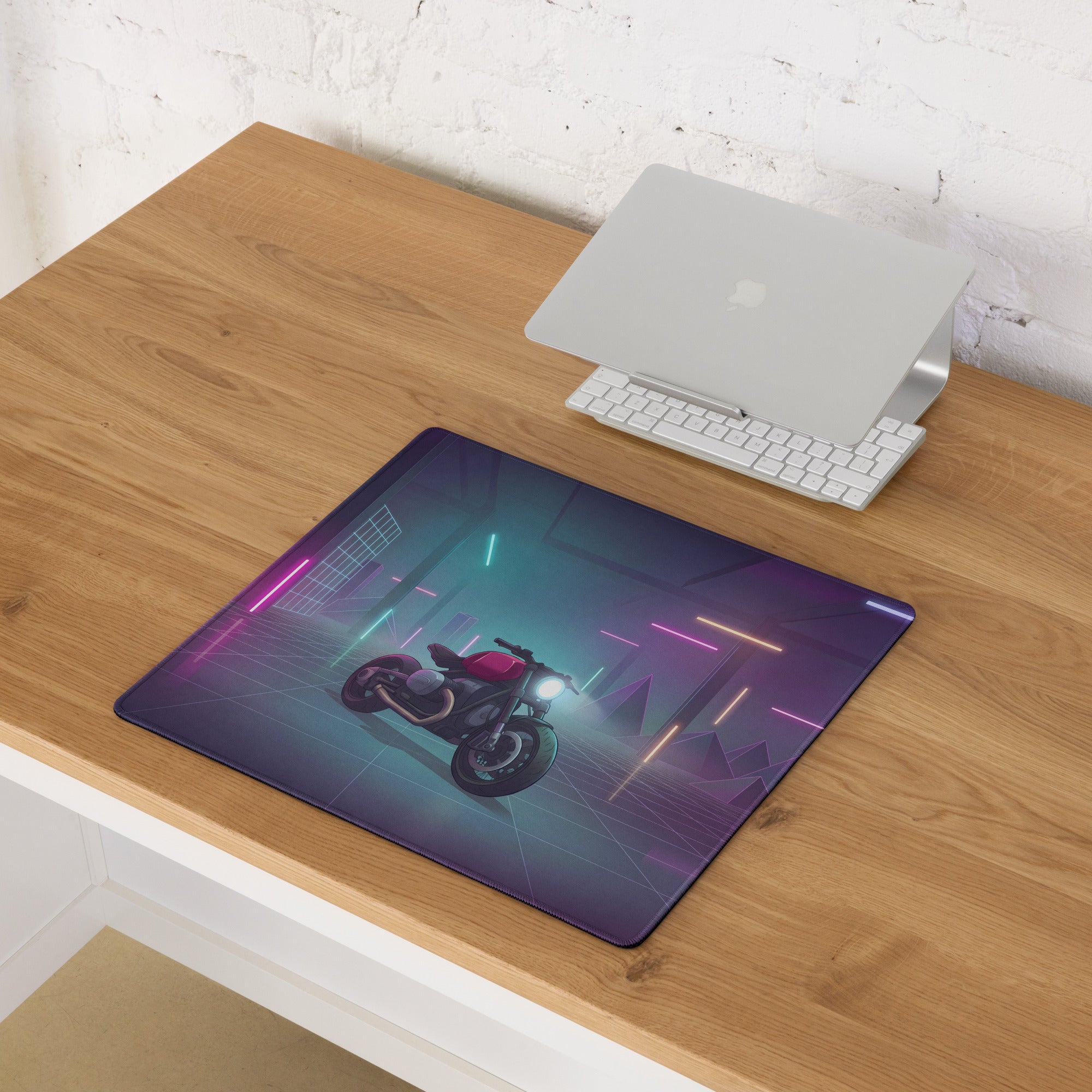 BMW R nineT Inspired Burgundy Black Vaporwave Gaming Mouse Pad – Neon Cyber Garage Desk Mat, Retro Futuristic Synthwave Café Racer Digital Art
