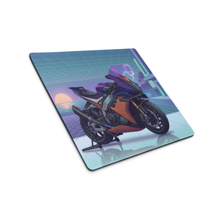 Aprilia RSV4 Xtrenta Inspired Purple Copper Vaporwave Gaming Mouse Pad – Neon Coastal Grid Desk Mat, Retro Futuristic Synthwave Superbike Art