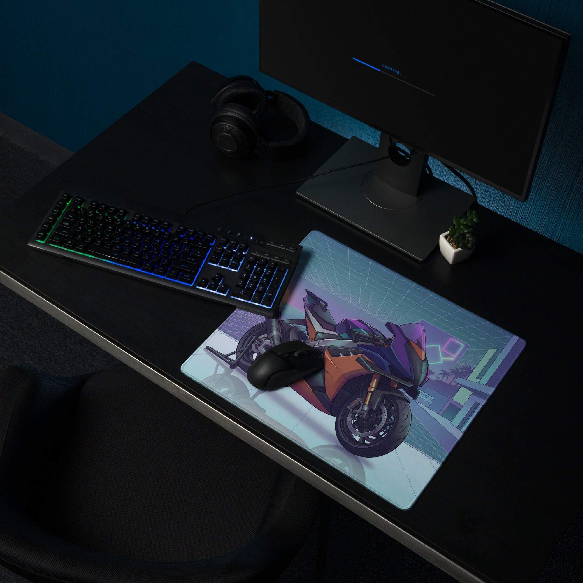 Aprilia RSV4 Xtrenta Inspired Purple Copper Vaporwave Gaming Mouse Pad – Neon Coastal Grid Desk Mat, Retro Futuristic Synthwave Superbike Art