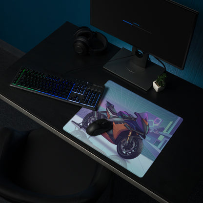 Aprilia RSV4 Xtrenta Inspired Purple Copper Vaporwave Gaming Mouse Pad – Neon Coastal Grid Desk Mat, Retro Futuristic Synthwave Superbike Art
