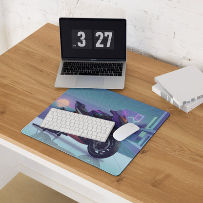 Aprilia RSV4 Xtrenta Inspired Purple Copper Vaporwave Gaming Mouse Pad – Neon Coastal Grid Desk Mat, Retro Futuristic Synthwave Superbike Art