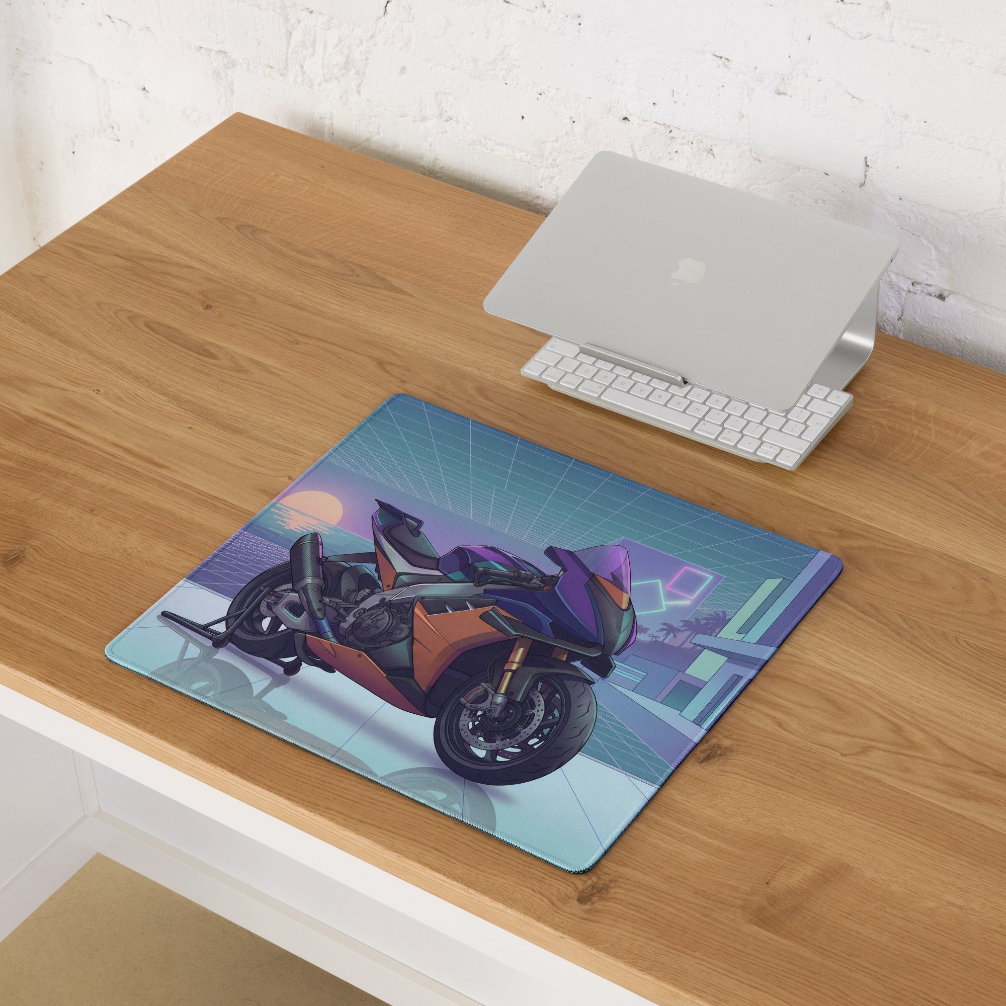 Aprilia RSV4 Xtrenta Inspired Purple Copper Vaporwave Gaming Mouse Pad – Neon Coastal Grid Desk Mat, Retro Futuristic Synthwave Superbike Art