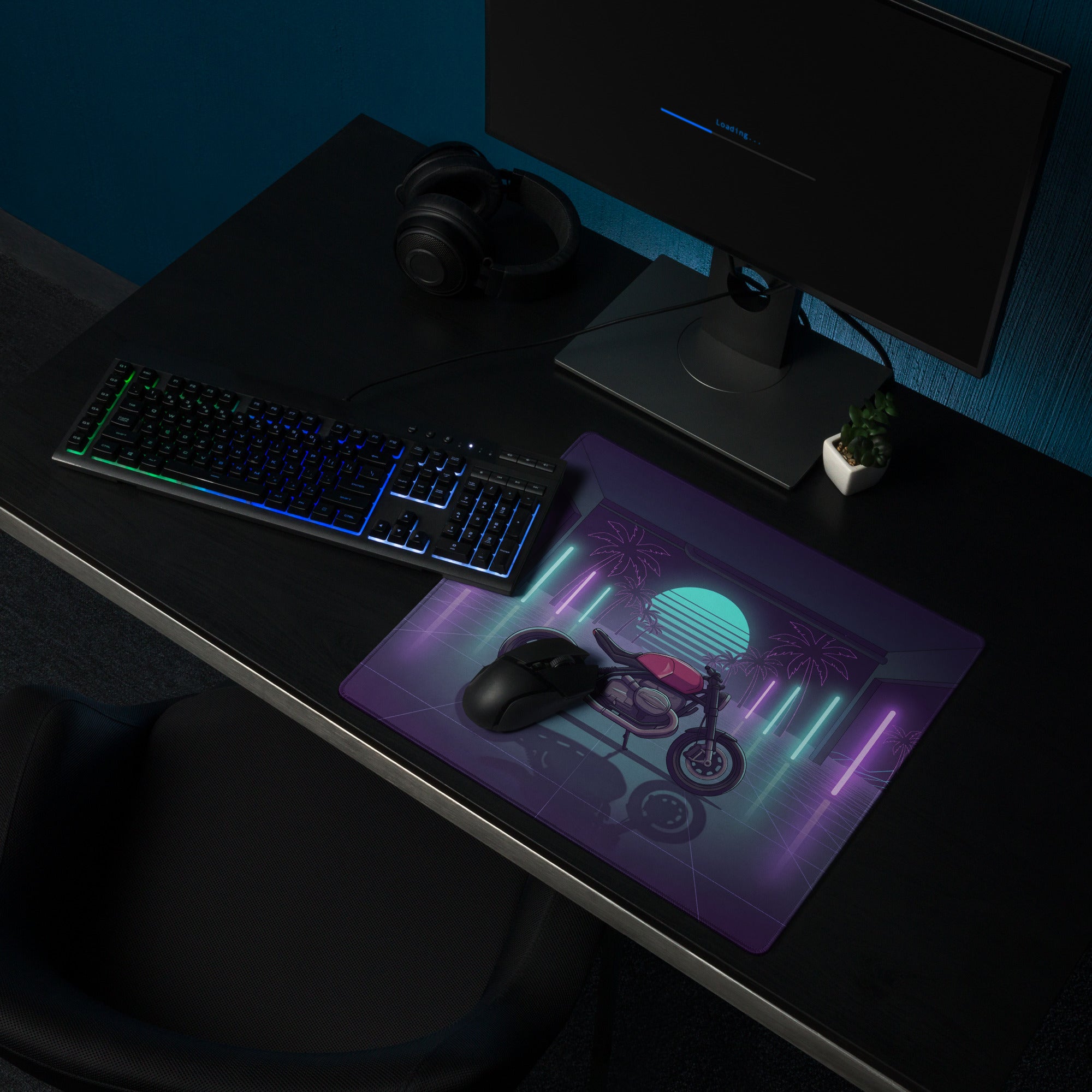 BMW R nineT Inspired Magenta Purple Vaporwave Gaming Mouse Pad – Neon Palm Garage Desk Mat, Retro Futuristic Synthwave Café Racer Digital Art