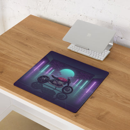 BMW R nineT Inspired Magenta Purple Vaporwave Gaming Mouse Pad – Neon Palm Garage Desk Mat, Retro Futuristic Synthwave Café Racer Digital Art