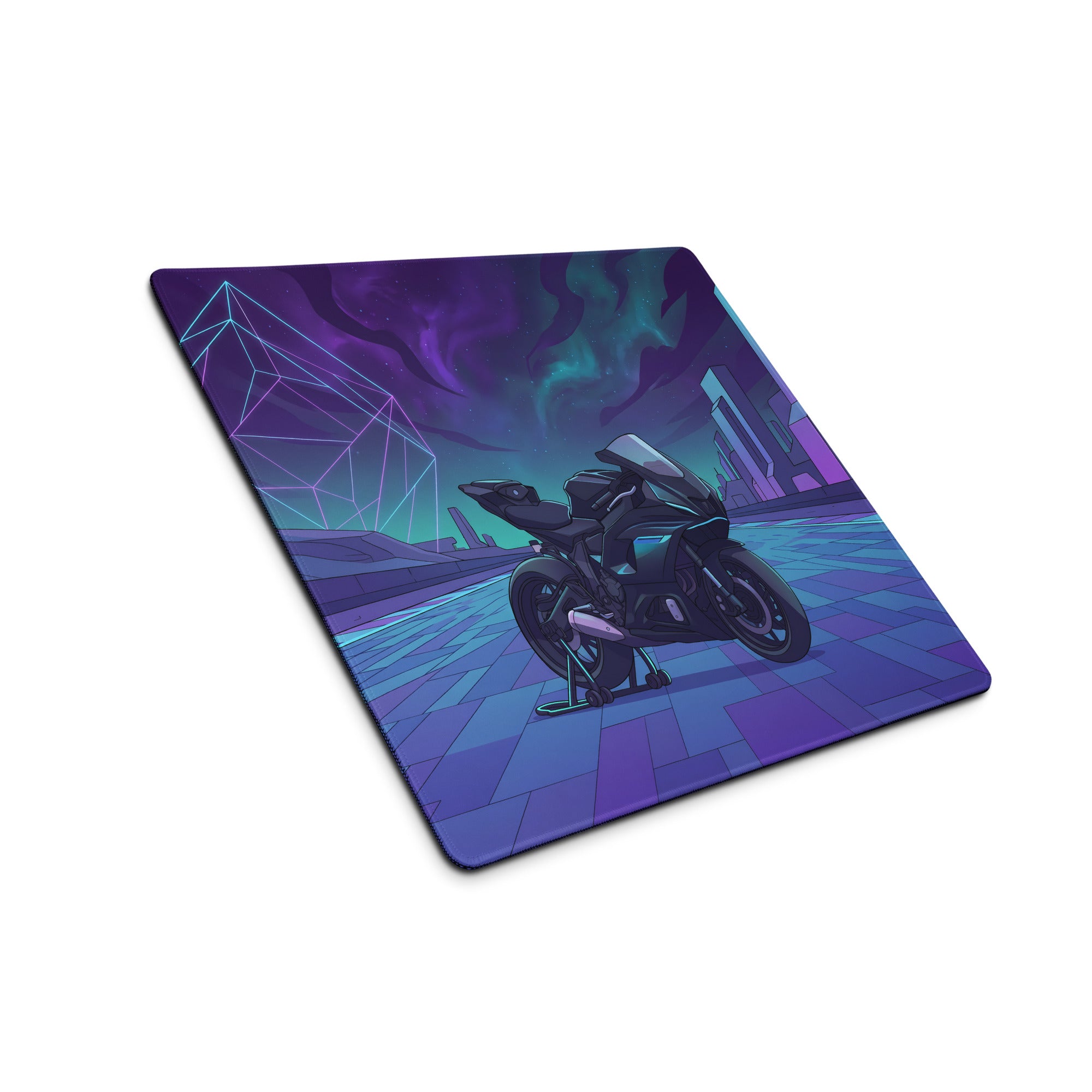 Yamaha R7 Inspired Black Blue Vaporwave Gaming Mouse Pad – Neon Cyber City Desk Mat, Futuristic Synthwave Sportbike Digital Art