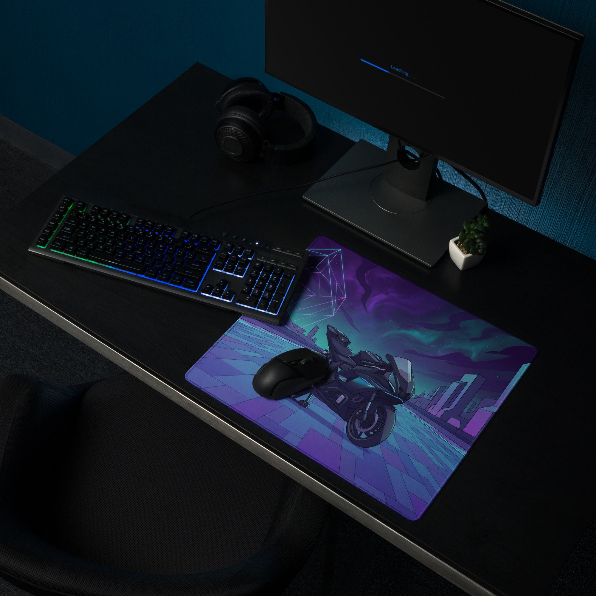 Yamaha R7 Inspired Black Blue Vaporwave Gaming Mouse Pad – Neon Cyber City Desk Mat, Futuristic Synthwave Sportbike Digital Art