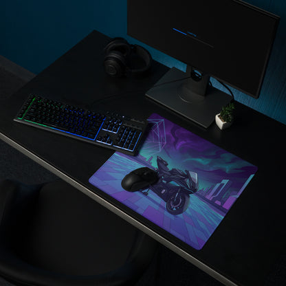 Yamaha R7 Inspired Black Blue Vaporwave Gaming Mouse Pad – Neon Cyber City Desk Mat, Futuristic Synthwave Sportbike Digital Art