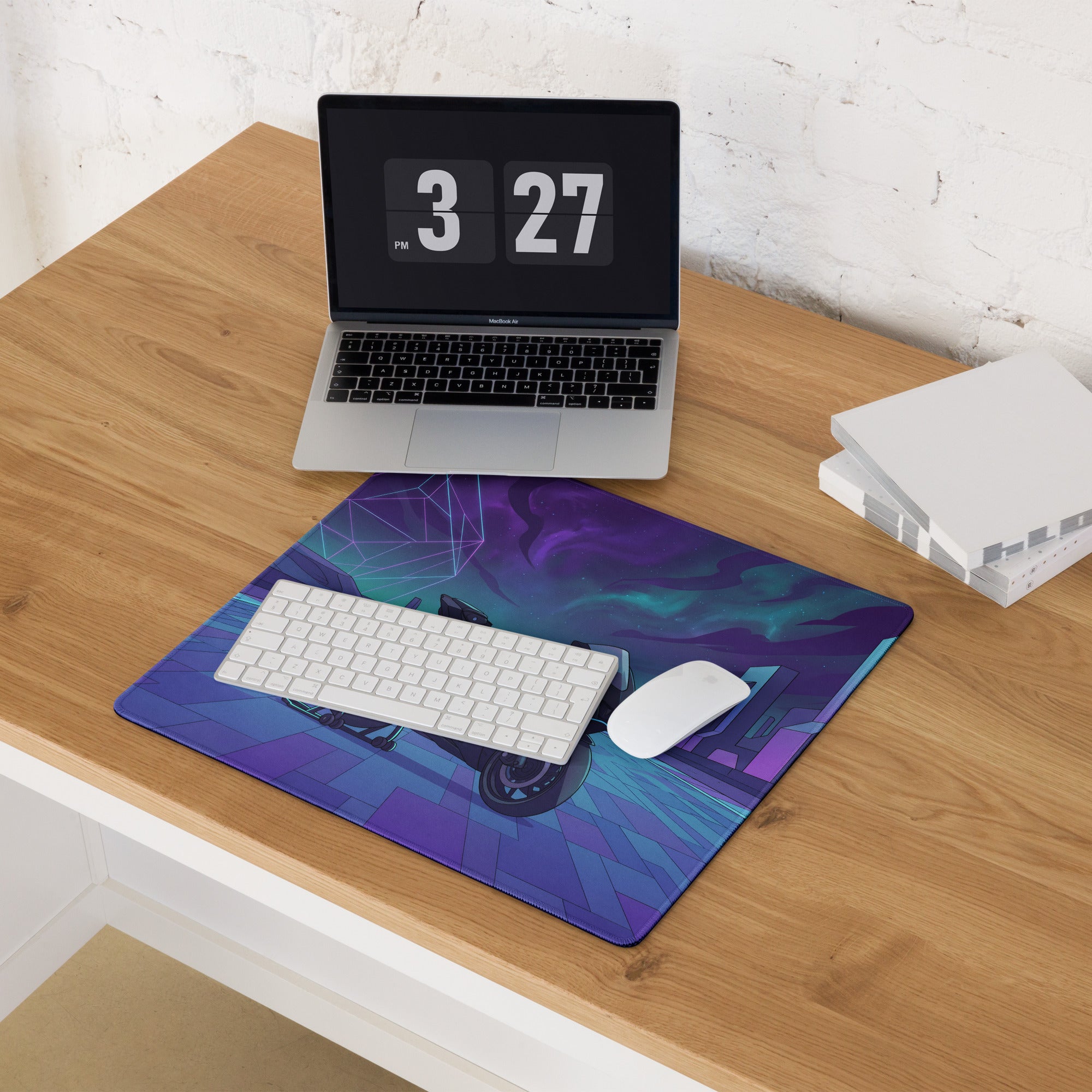 Yamaha R7 Inspired Black Blue Vaporwave Gaming Mouse Pad – Neon Cyber City Desk Mat, Futuristic Synthwave Sportbike Digital Art