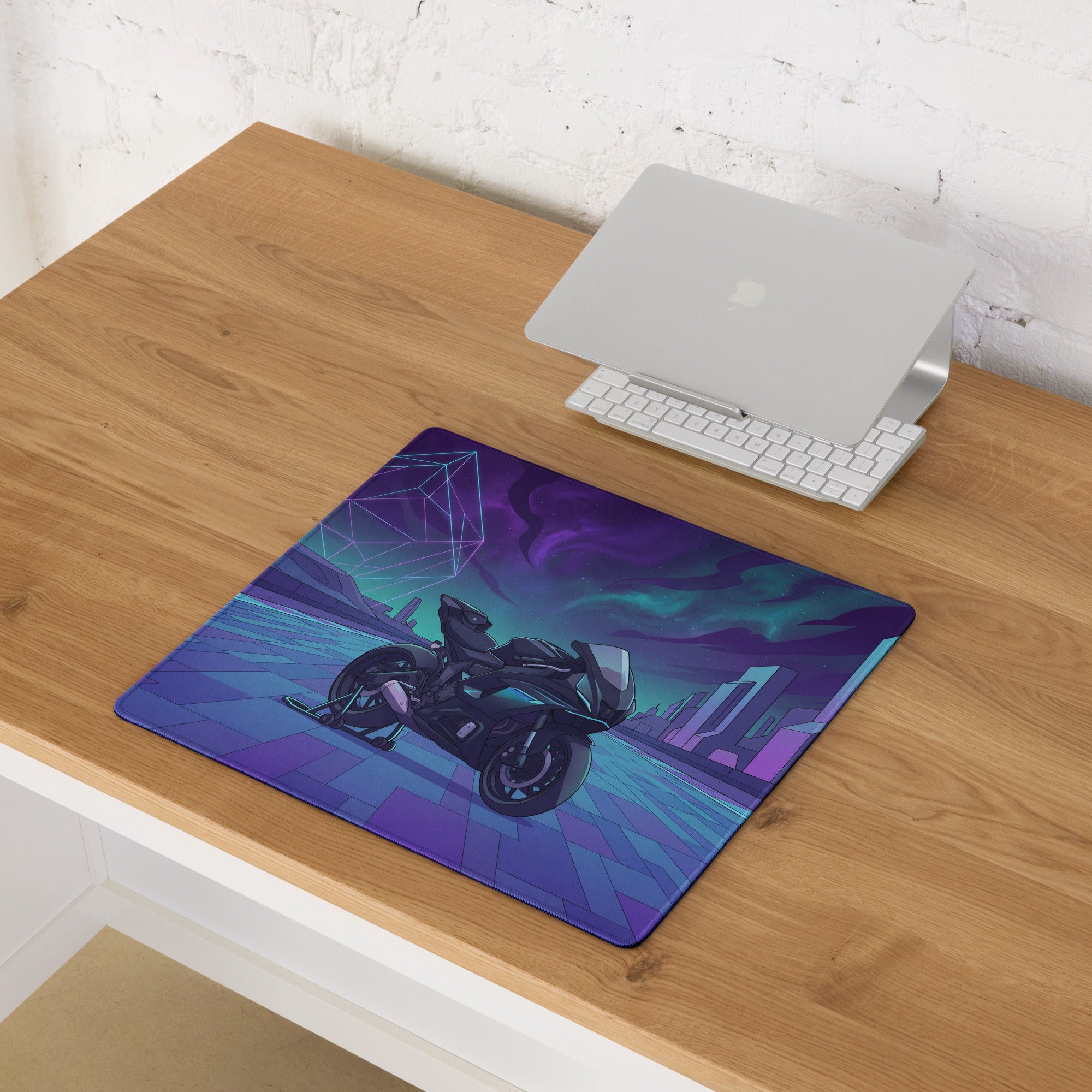 Yamaha R7 Inspired Black Blue Vaporwave Gaming Mouse Pad – Neon Cyber City Desk Mat, Futuristic Synthwave Sportbike Digital Art