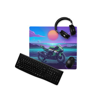 Kawasaki Ninja ZX-6R Inspired Green Purple Vaporwave Gaming Mouse Pad – Neon Sunset Grid Desk Mat, Retro Futuristic Synthwave Sportbike Art