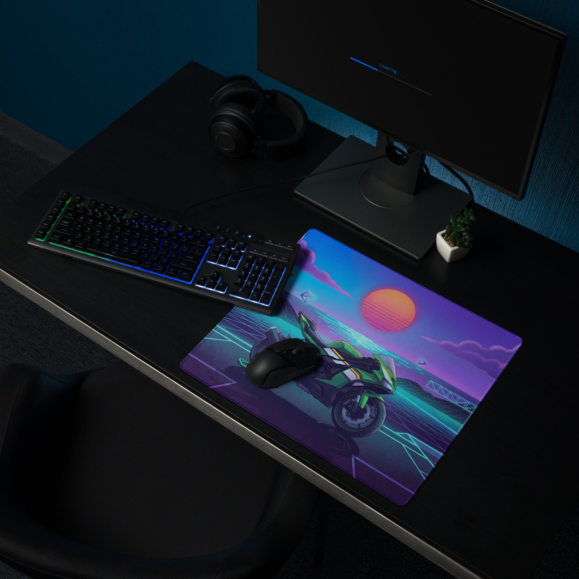 Kawasaki Ninja ZX-6R Inspired Green Purple Vaporwave Gaming Mouse Pad – Neon Sunset Grid Desk Mat, Retro Futuristic Synthwave Sportbike Art