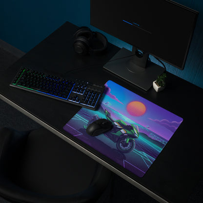 Kawasaki Ninja ZX-6R Inspired Green Purple Vaporwave Gaming Mouse Pad – Neon Sunset Grid Desk Mat, Retro Futuristic Synthwave Sportbike Art