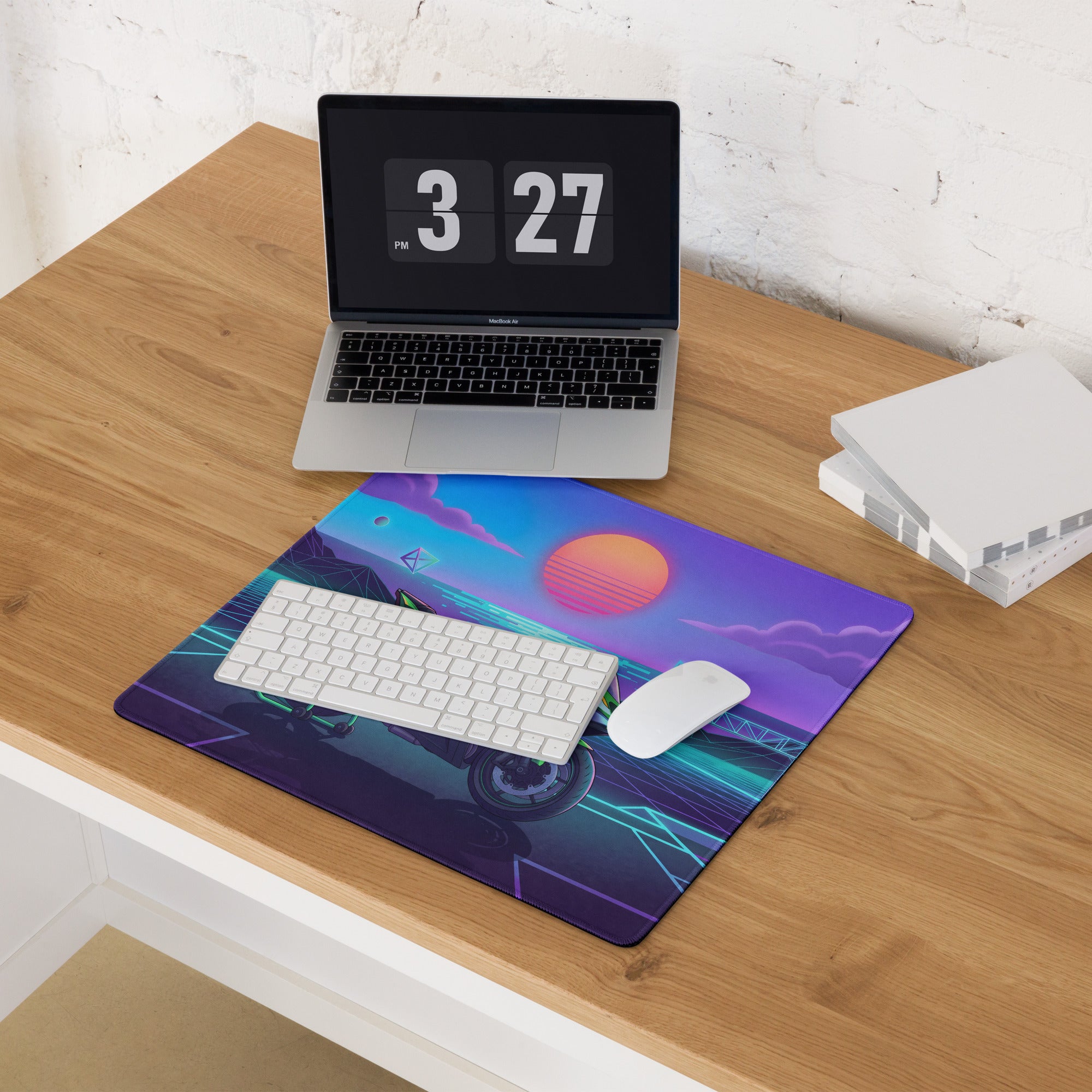 Kawasaki Ninja ZX-6R Inspired Green Purple Vaporwave Gaming Mouse Pad – Neon Sunset Grid Desk Mat, Retro Futuristic Synthwave Sportbike Art