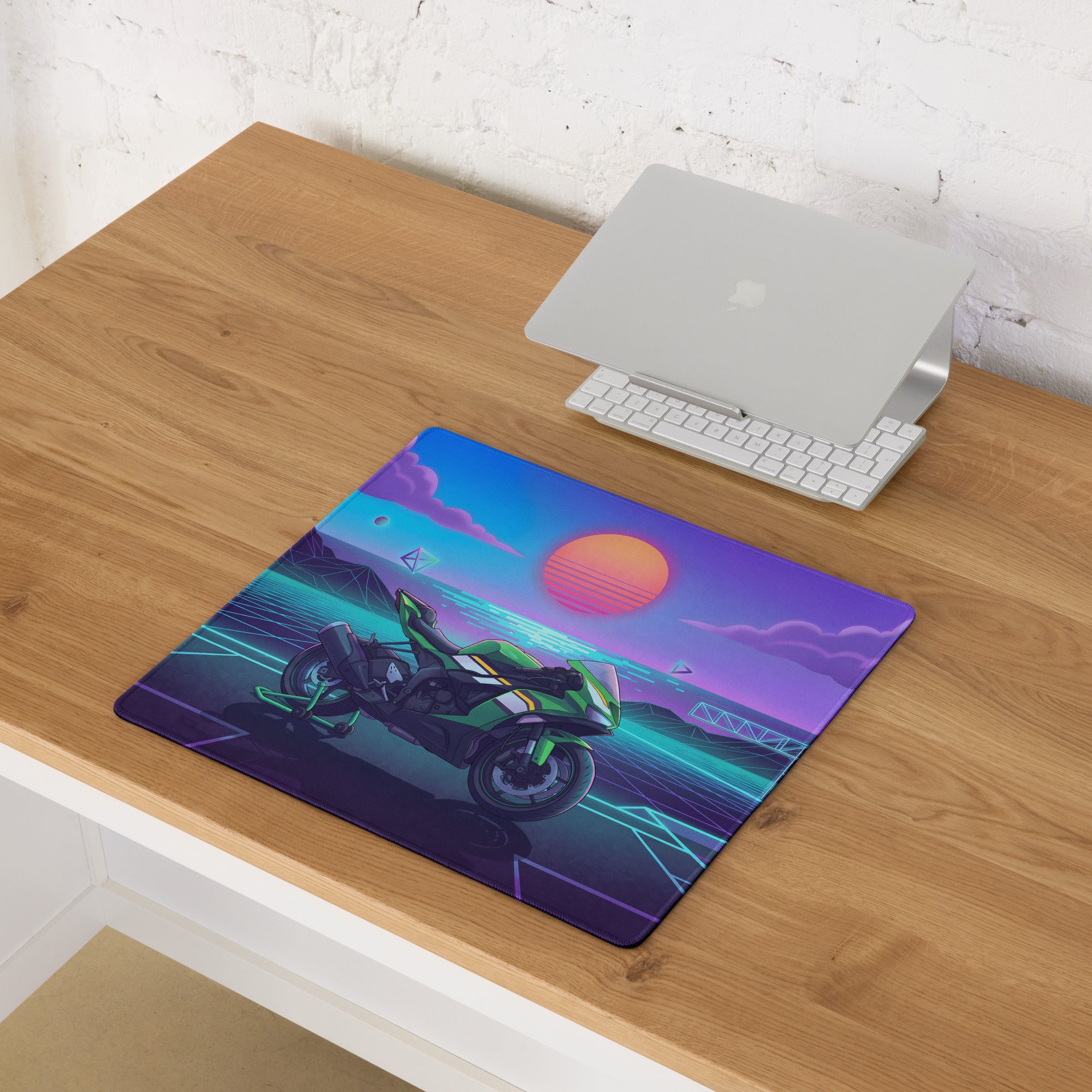 Kawasaki Ninja ZX-6R Inspired Green Purple Vaporwave Gaming Mouse Pad – Neon Sunset Grid Desk Mat, Retro Futuristic Synthwave Sportbike Art