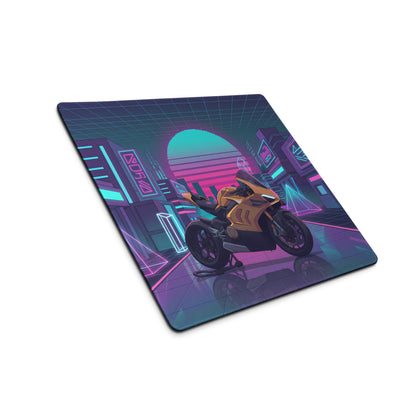 Ducati Panigale V4 Inspired Gold Black Vaporwave Gaming Mouse Pad – Neon Cyber City Desk Mat, Retro Futuristic Synthwave Superbike Digital Art