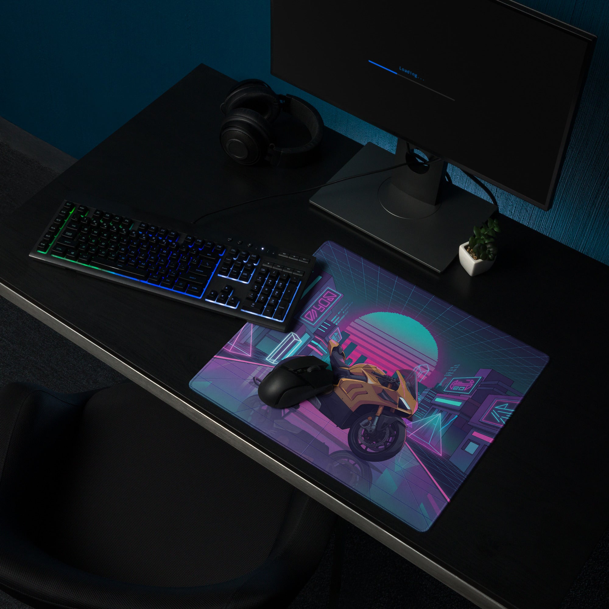 Ducati Panigale V4 Inspired Gold Black Vaporwave Gaming Mouse Pad – Neon Cyber City Desk Mat, Retro Futuristic Synthwave Superbike Digital Art