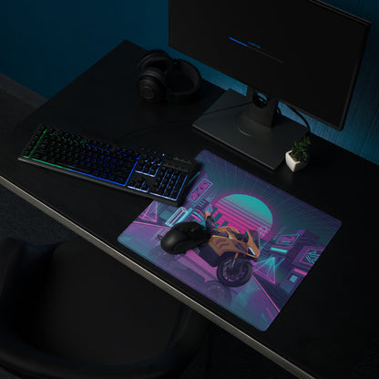 Ducati Panigale V4 Inspired Gold Black Vaporwave Gaming Mouse Pad – Neon Cyber City Desk Mat, Retro Futuristic Synthwave Superbike Digital Art