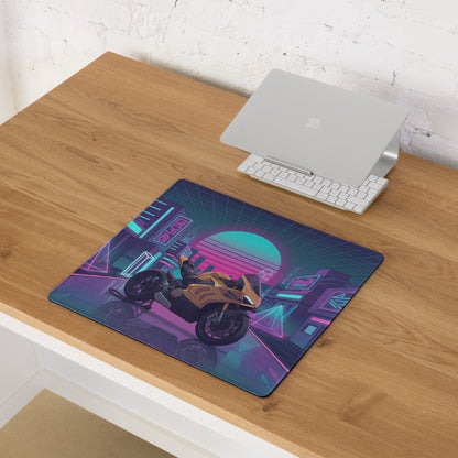 Ducati Panigale V4 Inspired Gold Black Vaporwave Gaming Mouse Pad – Neon Cyber City Desk Mat, Retro Futuristic Synthwave Superbike Digital Art